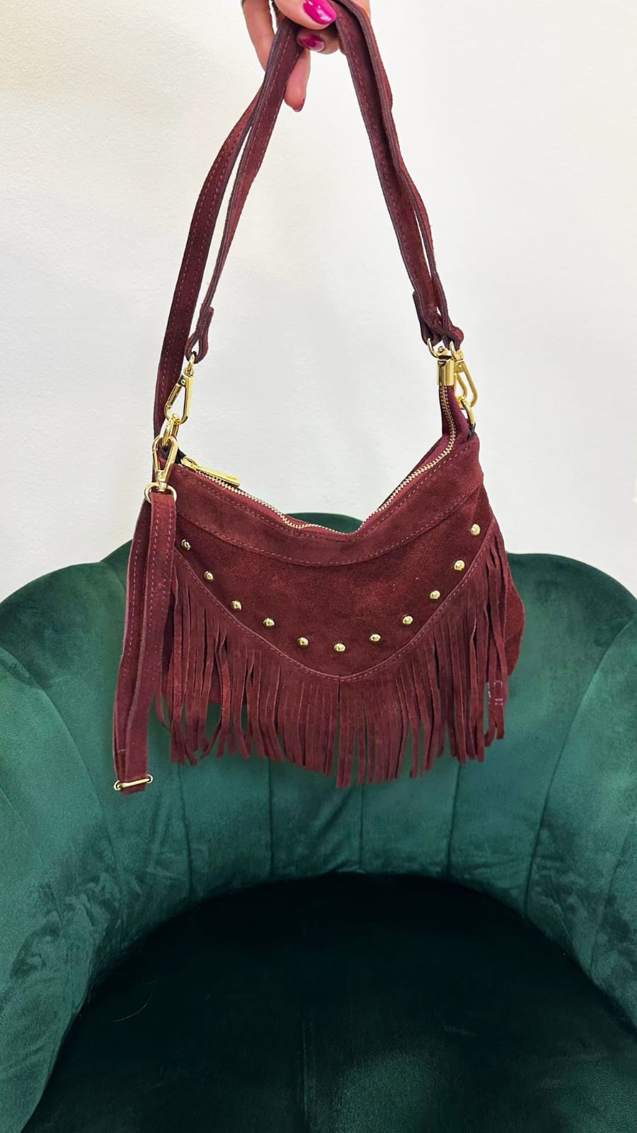 Borsa Piccola con frange modello MC12193 in pelle scamosciata