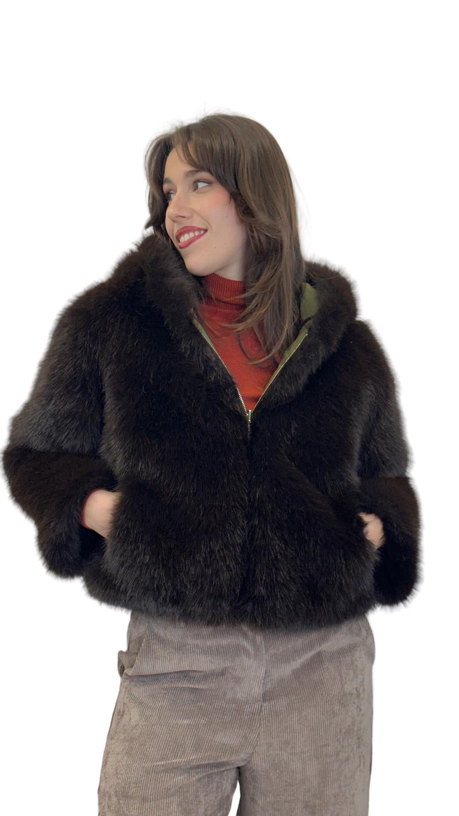 eco-pelliccia "VOLPE" reversibile con cappuccio